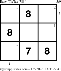 The grouppuzzles.com Easy TicTac-789 puzzle for Thursday January 8, 2026 with all 2 steps marked