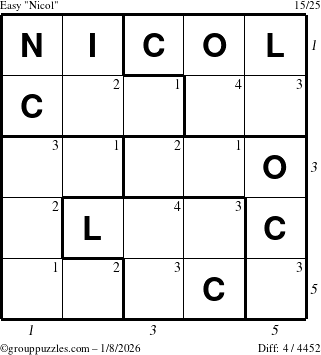 The grouppuzzles.com Easy Nicol puzzle for Thursday January 8, 2026 with all 4 steps marked