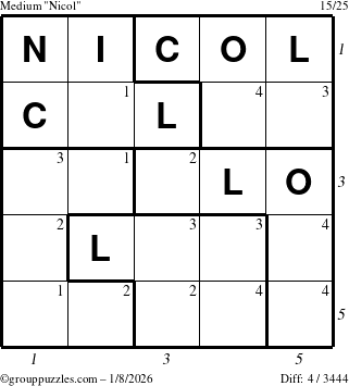 The grouppuzzles.com Medium Nicol puzzle for Thursday January 8, 2026 with all 4 steps marked