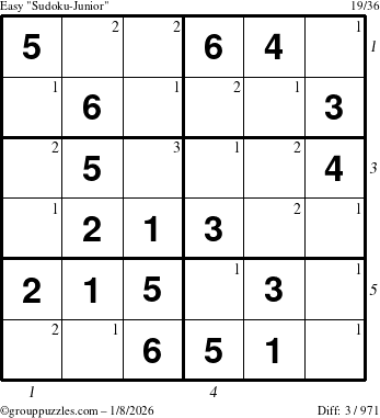 The grouppuzzles.com Easy Sudoku-Junior puzzle for Thursday January 8, 2026, suitable for printing, with all 3 steps marked