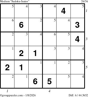 The grouppuzzles.com Medium Sudoku-Junior puzzle for Thursday January 8, 2026 with all 6 steps marked