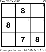 The grouppuzzles.com Easy TicTac-789 puzzle for Thursday January 8, 2026 with the first 2 steps marked