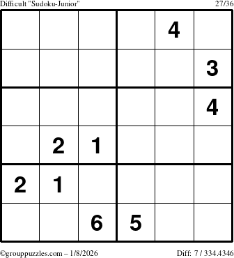 The grouppuzzles.com Difficult Sudoku-Junior puzzle for Thursday January 8, 2026