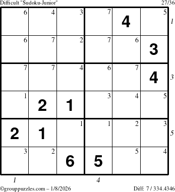 The grouppuzzles.com Difficult Sudoku-Junior puzzle for Thursday January 8, 2026 with all 7 steps marked