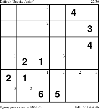 The grouppuzzles.com Difficult Sudoku-Junior puzzle for Thursday January 8, 2026 with the first 3 steps marked