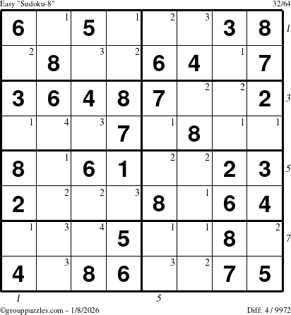 The grouppuzzles.com Easy Sudoku-8 puzzle for Thursday January 8, 2026, suitable for printing, with all 4 steps marked