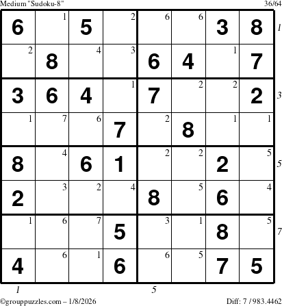 The grouppuzzles.com Medium Sudoku-8 puzzle for Thursday January 8, 2026 with all 7 steps marked