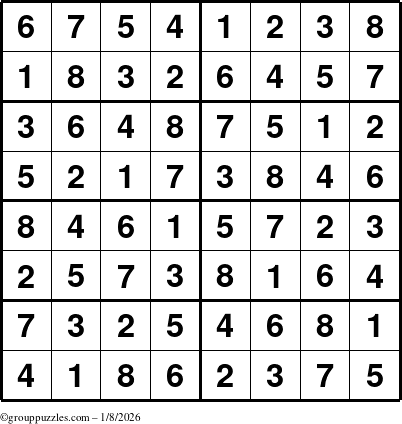 The grouppuzzles.com Answer grid for the Sudoku-8 puzzle for Thursday January 8, 2026