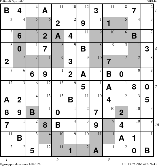 The grouppuzzles.com Difficult tpsmith puzzle for Thursday January 8, 2026, suitable for printing, with all 13 steps marked