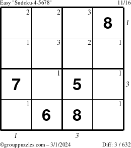 The grouppuzzles.com Easy Sudoku-4-5678 puzzle for Friday March 1, 2024 with all 3 steps marked