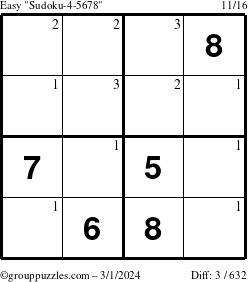 The grouppuzzles.com Easy Sudoku-4-5678 puzzle for Friday March 1, 2024 with the first 3 steps marked