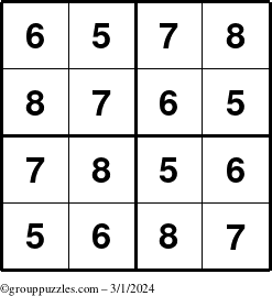 The grouppuzzles.com Answer grid for the Sudoku-4-5678 puzzle for Friday March 1, 2024