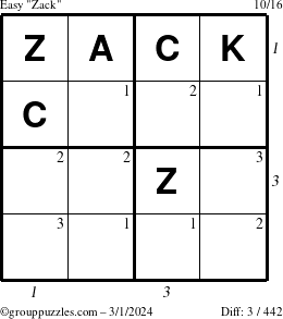 The grouppuzzles.com Easy Zack puzzle for Friday March 1, 2024 with all 3 steps marked