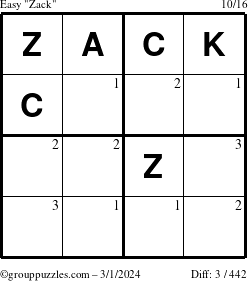 The grouppuzzles.com Easy Zack puzzle for Friday March 1, 2024 with the first 3 steps marked
