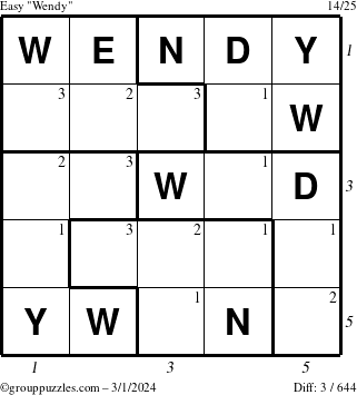 The grouppuzzles.com Easy Wendy puzzle for Friday March 1, 2024 with all 3 steps marked