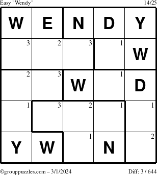 The grouppuzzles.com Easy Wendy puzzle for Friday March 1, 2024 with the first 3 steps marked