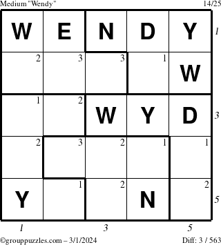 The grouppuzzles.com Medium Wendy puzzle for Friday March 1, 2024 with all 3 steps marked