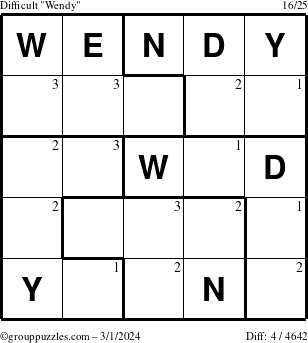 The grouppuzzles.com Difficult Wendy puzzle for Friday March 1, 2024 with the first 3 steps marked