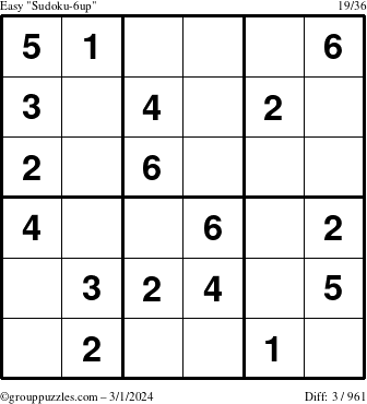 The grouppuzzles.com Easy Sudoku-6up puzzle for Friday March 1, 2024
