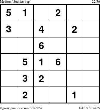 The grouppuzzles.com Medium Sudoku-6up puzzle for Friday March 1, 2024