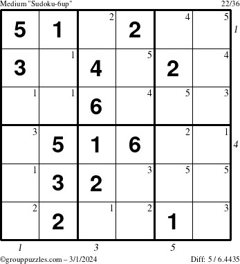 The grouppuzzles.com Medium Sudoku-6up puzzle for Friday March 1, 2024 with all 5 steps marked