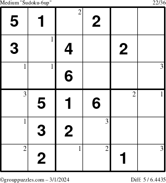 The grouppuzzles.com Medium Sudoku-6up puzzle for Friday March 1, 2024 with the first 3 steps marked