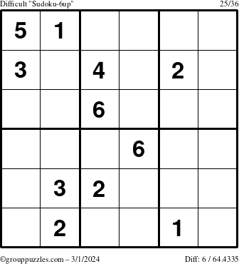 The grouppuzzles.com Difficult Sudoku-6up puzzle for Friday March 1, 2024
