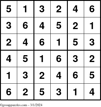 The grouppuzzles.com Answer grid for the Sudoku-6up puzzle for Friday March 1, 2024
