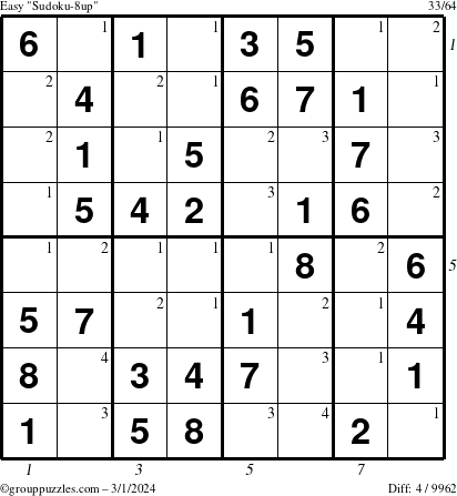 The grouppuzzles.com Easy Sudoku-8up puzzle for Friday March 1, 2024 with all 4 steps marked