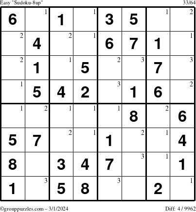 The grouppuzzles.com Easy Sudoku-8up puzzle for Friday March 1, 2024 with the first 3 steps marked