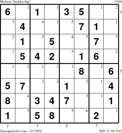 The grouppuzzles.com Medium Sudoku-8up puzzle for Friday March 1, 2024 with all 6 steps marked