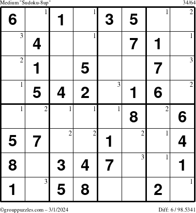 The grouppuzzles.com Medium Sudoku-8up puzzle for Friday March 1, 2024 with the first 3 steps marked