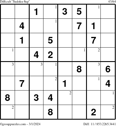 The grouppuzzles.com Difficult Sudoku-8up puzzle for Friday March 1, 2024 with the first 3 steps marked