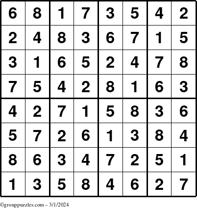 The grouppuzzles.com Answer grid for the Sudoku-8up puzzle for Friday March 1, 2024