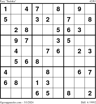 The grouppuzzles.com Easy Sudoku puzzle for Friday March 1, 2024