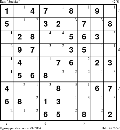 The grouppuzzles.com Easy Sudoku puzzle for Friday March 1, 2024 with all 4 steps marked