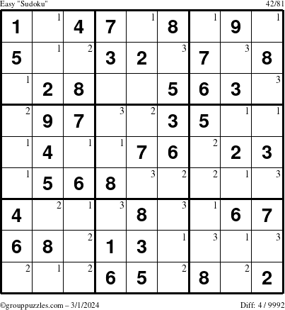 The grouppuzzles.com Easy Sudoku puzzle for Friday March 1, 2024 with the first 3 steps marked