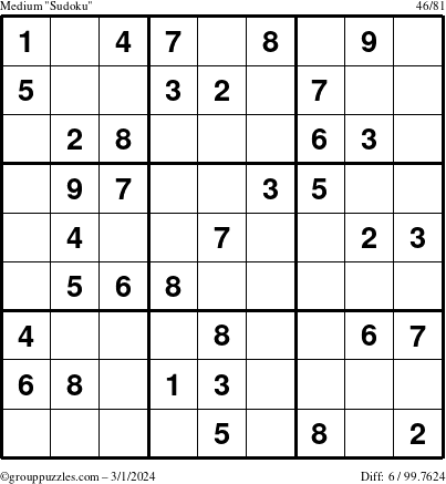 The grouppuzzles.com Medium Sudoku puzzle for Friday March 1, 2024