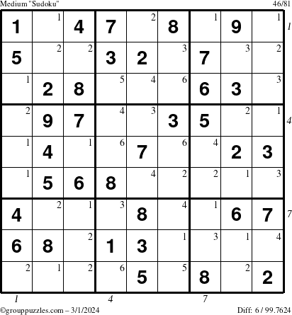 The grouppuzzles.com Medium Sudoku puzzle for Friday March 1, 2024 with all 6 steps marked