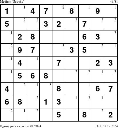 The grouppuzzles.com Medium Sudoku puzzle for Friday March 1, 2024 with the first 3 steps marked