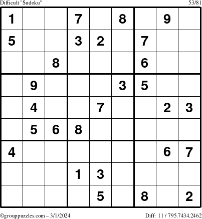 The grouppuzzles.com Difficult Sudoku puzzle for Friday March 1, 2024