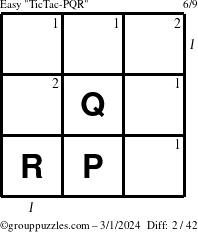 The grouppuzzles.com Easy TicTac-PQR puzzle for Friday March 1, 2024 with all 2 steps marked