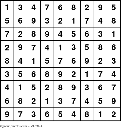 The grouppuzzles.com Answer grid for the Sudoku puzzle for Friday March 1, 2024