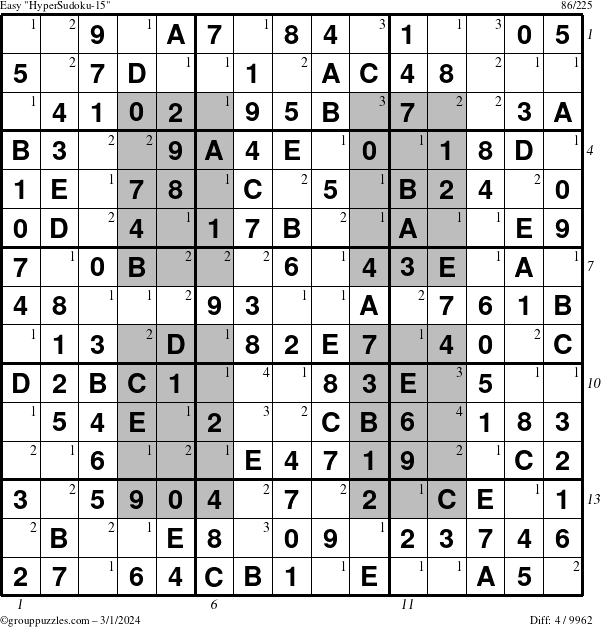The grouppuzzles.com Easy HyperSudoku-15 puzzle for Friday March 1, 2024 with all 4 steps marked