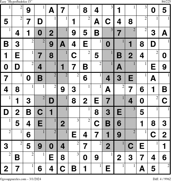 The grouppuzzles.com Easy HyperSudoku-15 puzzle for Friday March 1, 2024 with the first 3 steps marked