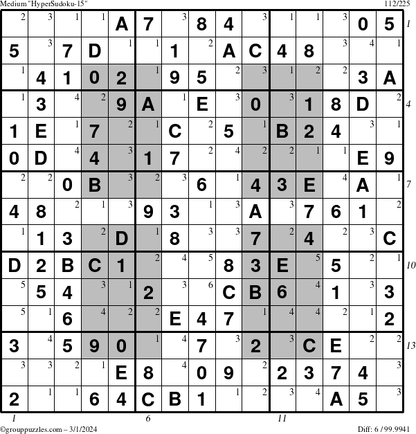 The grouppuzzles.com Medium HyperSudoku-15 puzzle for Friday March 1, 2024 with all 6 steps marked
