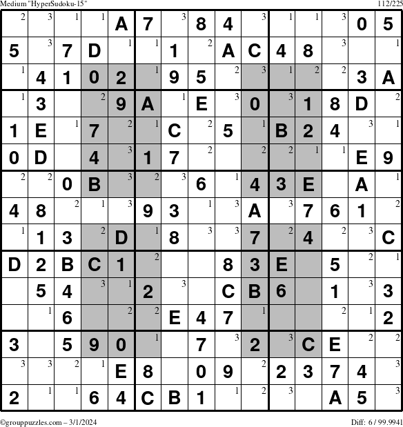 The grouppuzzles.com Medium HyperSudoku-15 puzzle for Friday March 1, 2024 with the first 3 steps marked