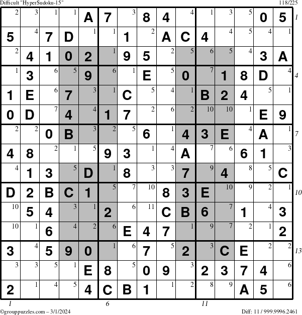 The grouppuzzles.com Difficult HyperSudoku-15 puzzle for Friday March 1, 2024 with all 11 steps marked