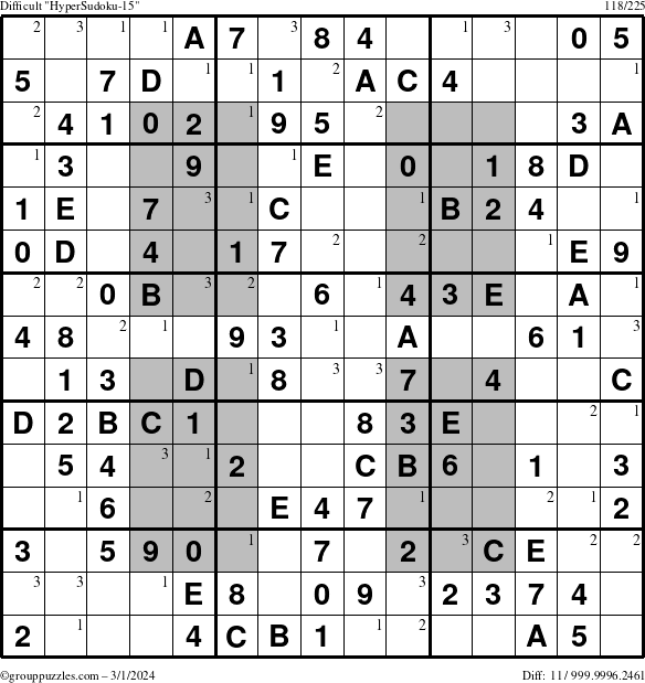The grouppuzzles.com Difficult HyperSudoku-15 puzzle for Friday March 1, 2024 with the first 3 steps marked