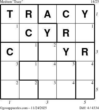 The grouppuzzles.com Medium Tracy puzzle for Monday November 24, 2025, suitable for printing, with all 4 steps marked